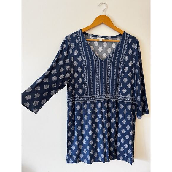 J. Jill Top Small Blue Tunic Flouse Indian Print Slit Side Lagenlook Boho Blouse - Picture 2 of 11